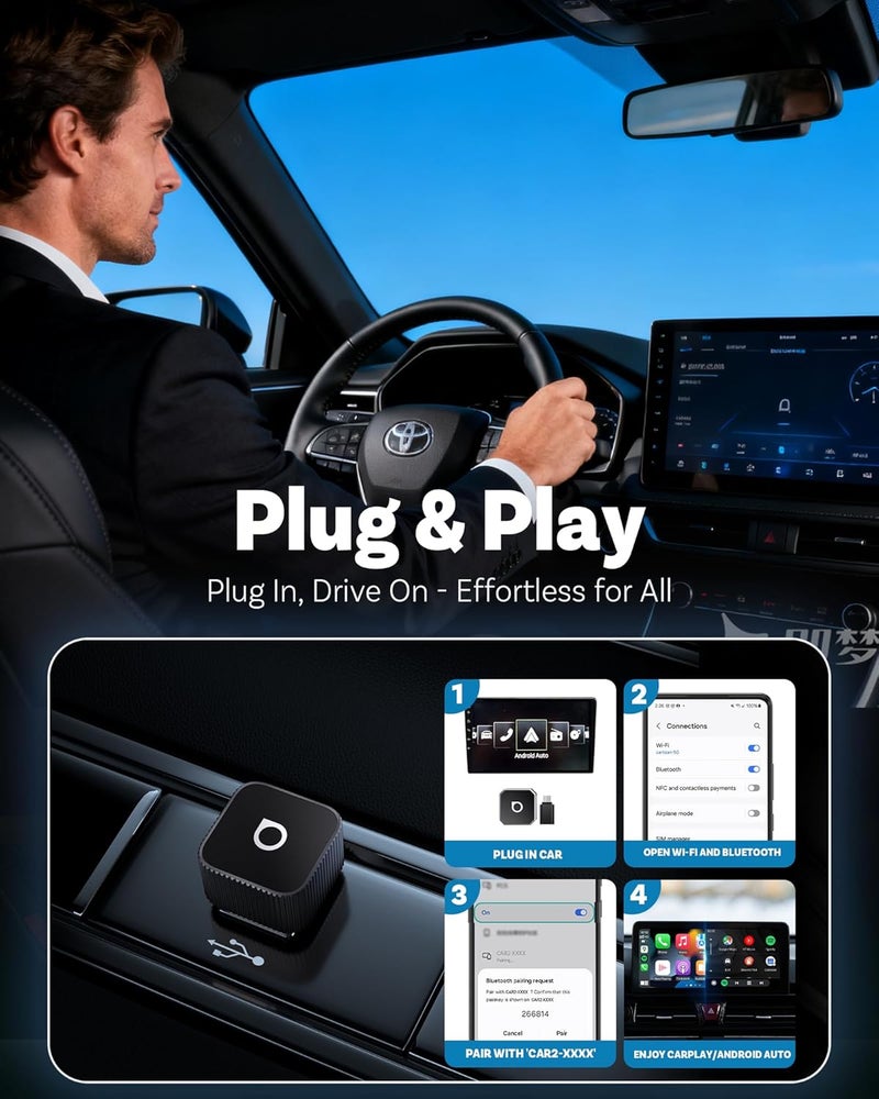 Ottocast 2026 Upgrade Mini Cube 3.0, 2-in-1 Wireless CarPlay & Android Auto Adapter, Plug & Play Dongle, Fast Auto-Reconnect, Dual-Band 5Ghz, for Cars with Wired CarPlay & Android Auto (Black) - Image 3